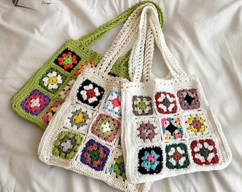 Bolso de flores de ganchillo hecho a mano, bolso de hombro de flores, bolso floral, bolso de mano de cochet de flores, bolso boho, bolso de ganchillo cuadrado de la abuela, bolso con patrón floral