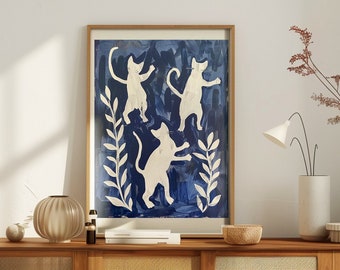 Three Playful Cats Painting, Calming, Blue Gouache Painting