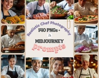 Midjourney Prompts für realistische Koch-Fotografie v6.1 & 140+ PNG Bundle für authentische Küche, KI-Kunst, Midjourney-Anleitung, digitales Design