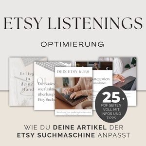 Puede incluir: Una guía de marketing digital para vendedores de Etsy, titulada "Optimización de Listados de Etsy: Tu Curso de Etsy". La guía incluye más de 25 páginas de consejos e información sobre cómo optimizar los listados de Etsy para los motores de búsqueda. La guía presenta una computadora portátil con las manos de una persona escribiendo en el teclado.