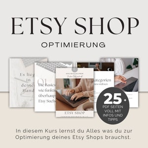 Puede incluir: Un curso de marketing digital para vendedores de Etsy, titulado "Optimización de la tienda Etsy". El curso incluye más de 25 páginas de consejos e información sobre cómo optimizar tu tienda Etsy. La imagen muestra una computadora portátil con las manos de una mujer escribiendo en el teclado. El texto en la pantalla de la computadora portátil dice "Optimización de la tienda Etsy".