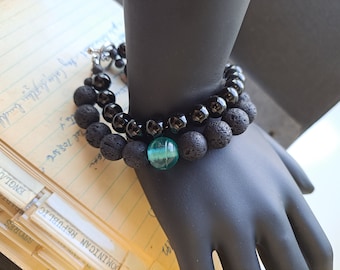 Black Onyx, Lava, and Glass Bracelet