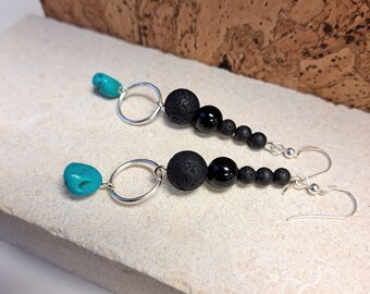 Turquoise, Lava, and Black Onyx Earrings