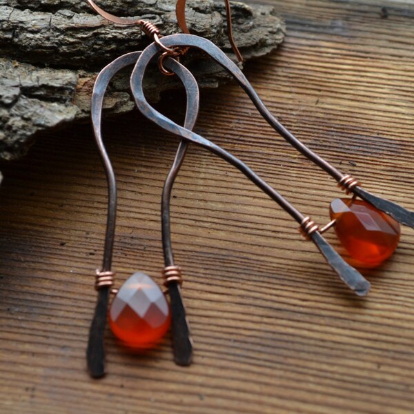 Carnelian Briolette Copper Dangle Earrings - Rustic, Tribal, Bohemian