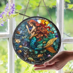 Mermaid Stained Glass Suncatcher, Mermaid With Fish, Handmade Ocean Window Decor, Nautical Home Decor, Coastal Fantasy Wall Hanging