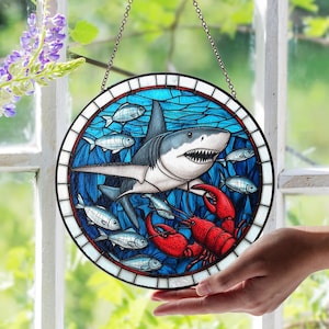 Shark Stained Glass Suncatcher, Shark With Fish And Lobster, Ocean Sea Life Scene, Handmade Marine Window Decor, Coastal Wildlife Gift