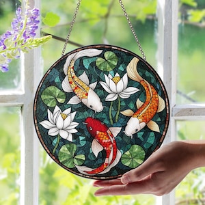 Koi Fish Stained Glass Suncatcher, Three Koi With Lotus Flowers, Aquatic Window Art, Handmade Japanese Decor, Unique Nature-Inspired Gift