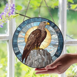 Bald Eagle Stained Glass Suncatcher, Eagle On Mountain Rock With Sun, Handmade Wildlife Window Decor, Nature Wall Art, Rustic Gift Idea