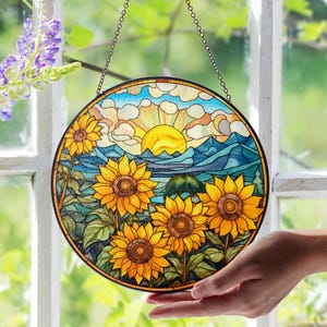 Zonnebloemen glas-in-lood suncatcher, levendige bloemen raamdecoratie, handgemaakte bloemenkunst, natuurliefhebber cadeau, Bright Home Accent Ornament