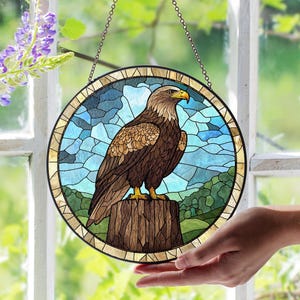 Bald Eagle Stained Glass Suncatcher, Eagle Sitting On Tree Stump, Handmade Wildlife Window Decor, Rustic Forest Wall Art, Nature Lover Gift