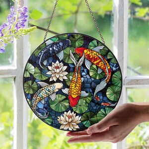 Koi Fish Stained Glass Suncatcher, Vibrant Koi and Lotus Pond Scene, Japanese-Style Handmade Window Decor, Aquatic Garden Gift Idea