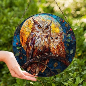 Owl Stained Glass Suncatcher, Mother Owl & Baby, Gift for Women, Custom Stained Glass Art, Home Ornament, Gift For Her, Gift For Mom