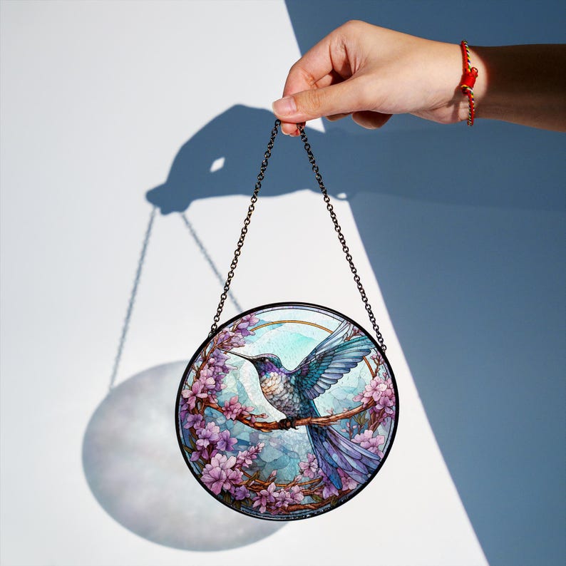 Hummingbird and Pink Blossom Stained Glass Suncatcher - Thumbnail 3