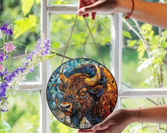 Bison Stained Glass Suncatcher, American Buffalo Home Decor, Western Ranch Ornament, Handmade Gift, Rustic Cabin Decor, Bison Decor Gift