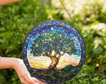 Levensboom gebrandschilderd glas Suncatcher, levensboom kunst aan de muur, raam Suncatcher, spiritueel Home Decor, natuur muur hangen, cadeau voor haar