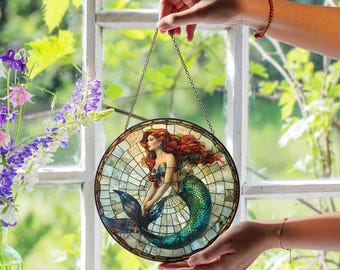 Atrapasueños de vitral de sirena, decoración de ventana oceánica hecha a mano, decoración náutica para el hogar, arte de fantasía costera, regalo para amantes del mar, tapiz playero