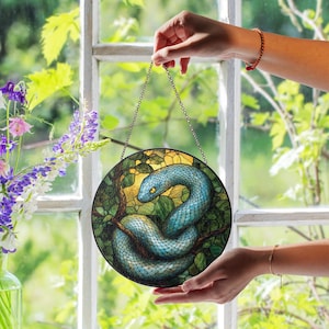 Snake Stained Glass Suncatcher, Tree Python in Forest, Turquoise Snake Window Decor, Handmade Reptile Lover Gift, Wildlife Wall Art