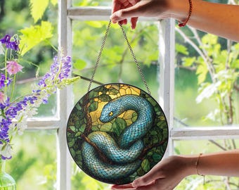 Snake Stained Glass Suncatcher, Tree Python in Forest, Turquoise Snake Window Decor, Handmade Reptile Lover Gift, Wildlife Wall Art