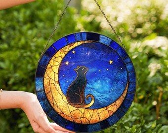 Cat Stained Glass Suncatcher, Cat Sitting On Moon Suncatcher, Gift for Women, Stained Glass Art, Home Ornament, Gift For Her, Gift For Mom