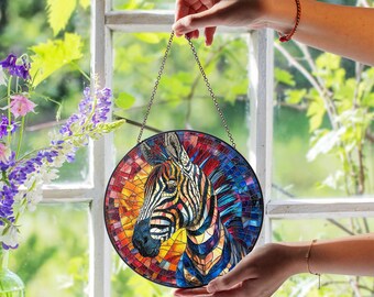 Acchiappasole in vetro colorato a forma di zebra, decorazione per finestre in stile safari africano, arte artigianale raffigurante un cavallo a strisce, regalo con animali selvatici esotici, audace ornamento con animali
