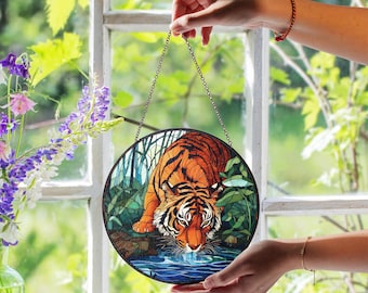 Tiger Stained Glass Suncatcher, Tiger Drinking From River In Jungle Scene, Handmade Wildlife Window Decor, Rustic Forest Wall Art Gift
