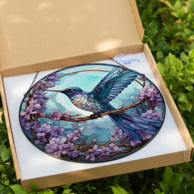 Hummingbird and Pink Blossom Stained Glass Suncatcher - Thumbnail 5