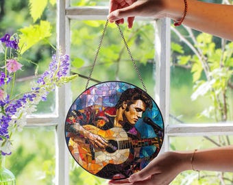 Elvis Presley Stained Glass Suncatcher, The King of Rock Decor, Vintage Music Icon Artwork, Collector’s Item, Retro Home Gift, Rock n Roll