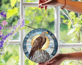 Bald Eagle Stained Glass Suncatcher, Eagle On Mountain Rock With Sun, Handmade Wildlife Window Decor, Nature Wall Art, Rustic Gift Idea