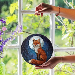 Fox Stained Glass Suncatcher, Fox Sitting With Full Moon Behind, Celestial Night Scene, Handmade Wildlife Window Decor, Rustic Wall Art