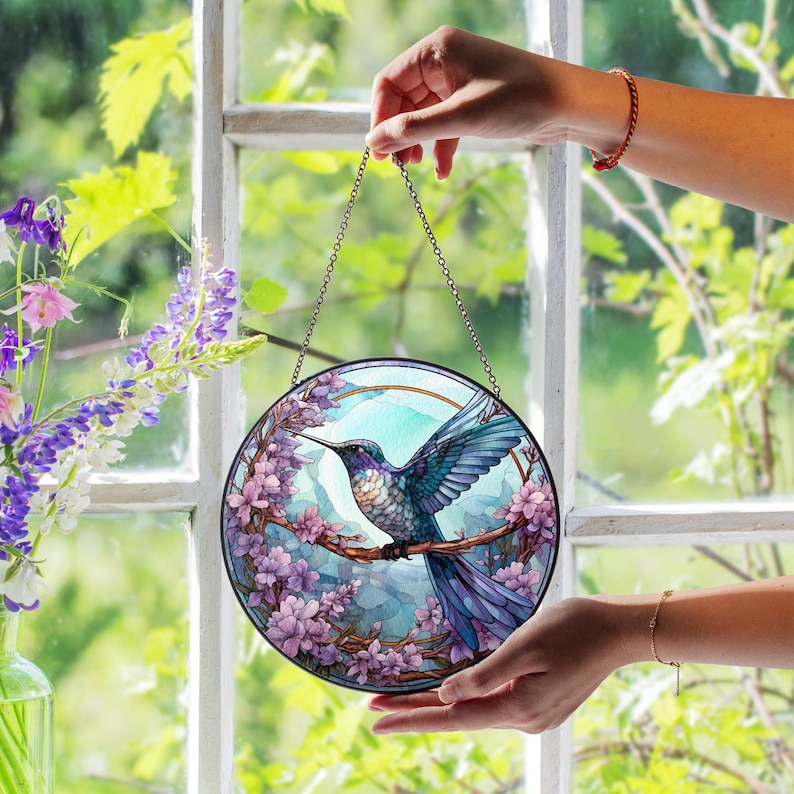 Hummingbird and Pink Blossom Stained Glass Suncatcher - Thumbnail 2
