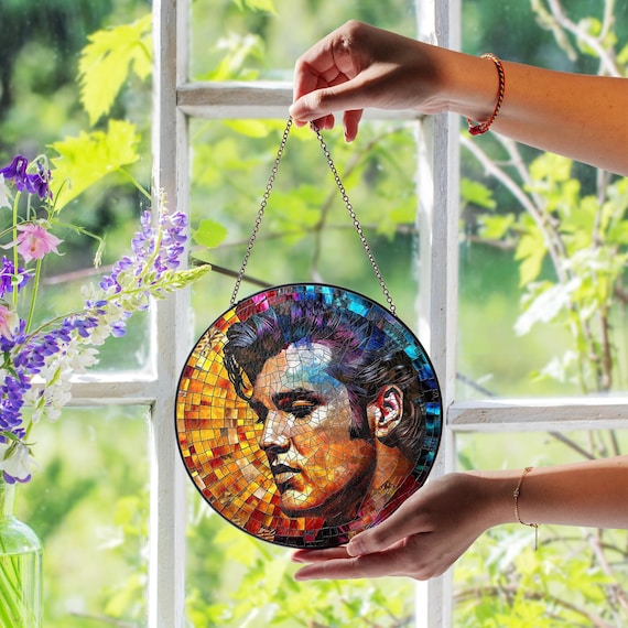 Elvis Presley Stained Glass Suncatcher, Retro Rock Window Decor, Elvis Presley Home Decor, Elvis Gifts, Music Icon Art, Vintage 50s