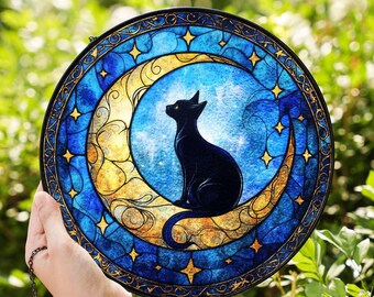 Cat Stained Glass Suncatcher, Cat Sitting On Moon Suncatcher, Gift for Women, Stained Glass Art, Home Ornament, Gift For Her, Gift For Mom