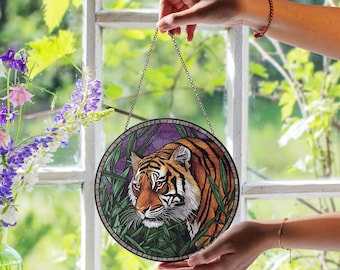Tiger Stained Glass Suncatcher, Close Up Tiger In Jungle, Handmade Wildlife Window Decor, Rustic Forest Wall Art, Nature Lover Gift