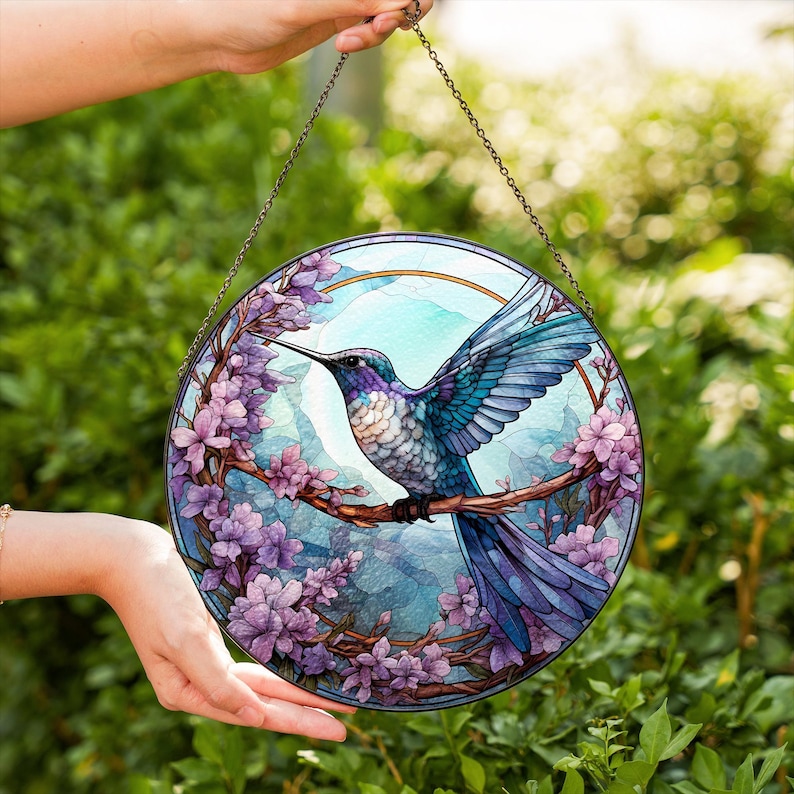 Hummingbird and Pink Blossom Stained Glass Suncatcher