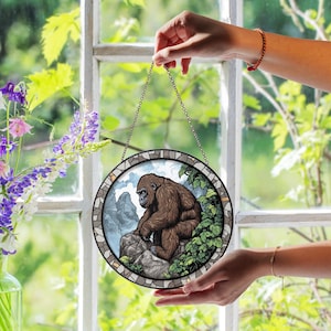 Gorilla Stained Glass Suncatcher, Brown Gorilla Sitting On Mountain Scene, Handmade Wildlife Window Decor, Rustic Nature Wall Art Gift
