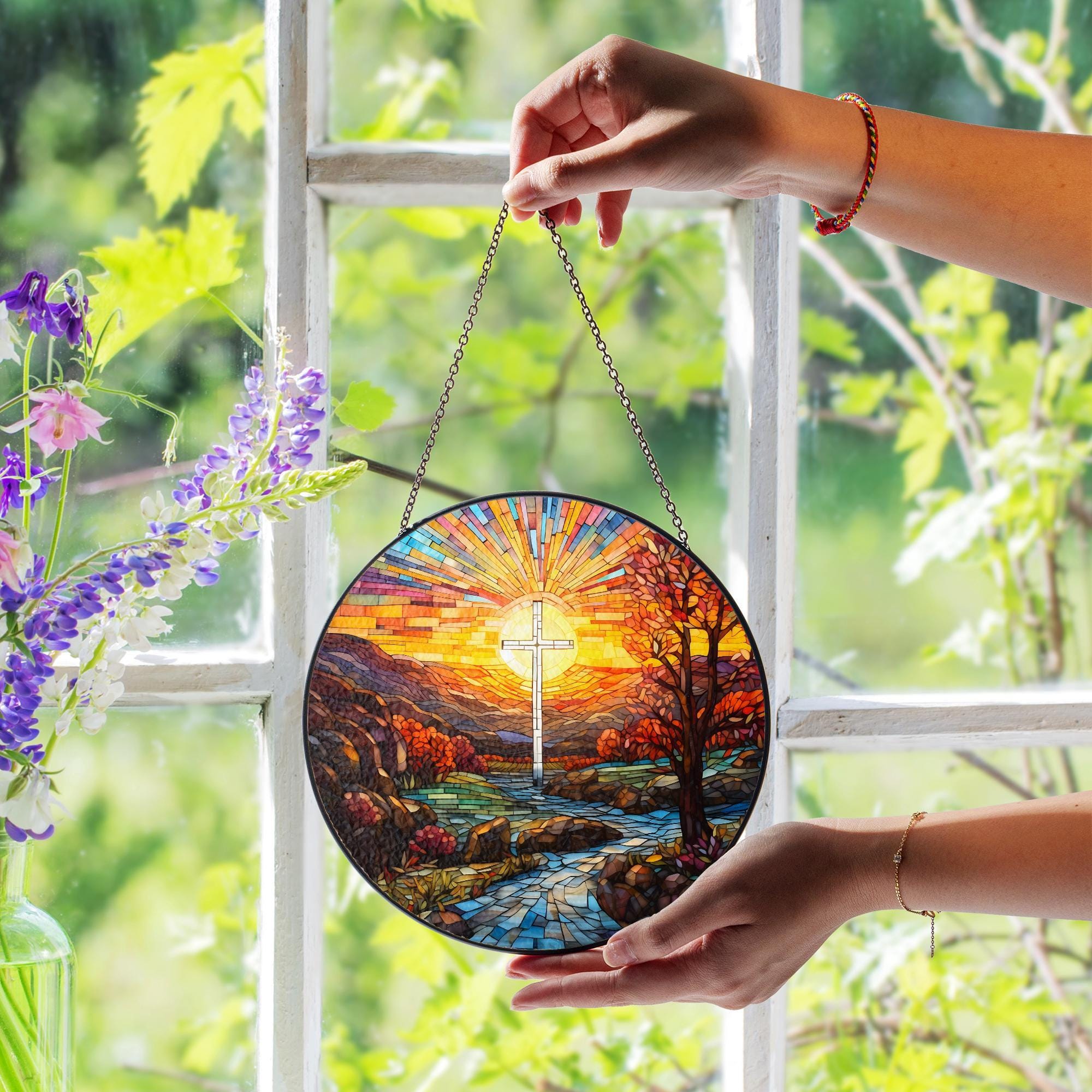 Stained Glass Cross With Mountain Sunset, Christian Glass Window