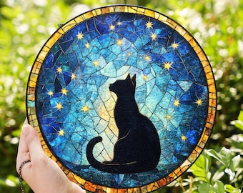 Cat Stained Glass Suncatcher, Cat Night Sky Suncatcher, Gift for Women, Stained Glass Art, Home Ornament, Gift For Her, Gift For Mom
