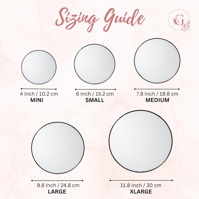 The image provides a size guide for various sizes of circles, ranging from 4 inches to 11.8 inches in diameter.