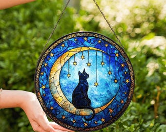 Cat Stained Glass Suncatcher, Cat Sitting On Moon Suncatcher, Gift for Women, Stained Glass Art, Home Ornament, Gift For Her, Gift For Mom