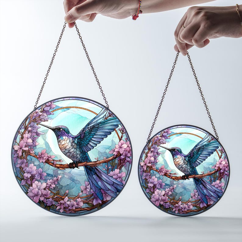 Hummingbird and Pink Blossom Stained Glass Suncatcher - Thumbnail 4