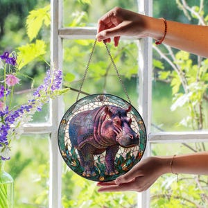 Hippo Stained Glass Suncatcher, Mighty Hippopotamus Window Art, Safari Themed Decor, Handmade Wildlife Gift, Iconic River Giant Decor Piece