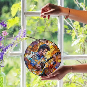 Elvis Presley Stained Glass Suncatcher, Rock and Roll Window Decor, The King Tribute, Music Lover Gift, Iconic Vintage Artwork Ornament