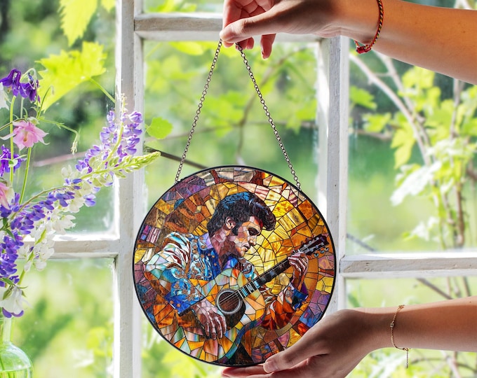 Elvis Presley Stained Glass Suncatcher, Rock and Roll Window Decor, The King Tribute, Music Lover Gift, Iconic Vintage Artwork Ornament