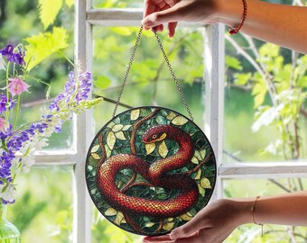 Acchiappasole in vetro colorato a forma di serpente, serpente del grano rosso nella foresta, decorazione per finestre con animali selvatici fatta a mano, regalo per gli amanti dei rettili, arte murale rustica con elementi naturali