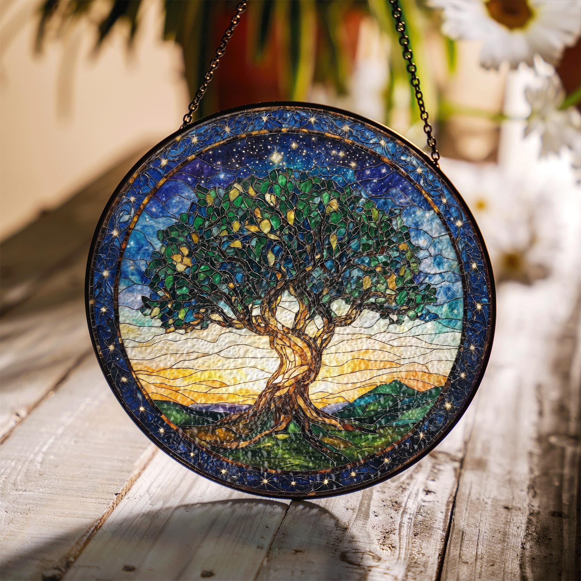 Acchiappasole in vetro colorato con albero della vita, realizzato a mano, decorazione per finestre, decorazione per interni ed esterni