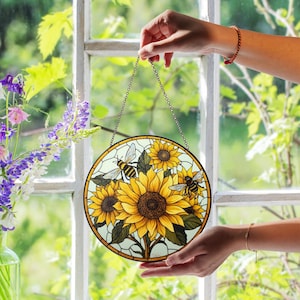 Sunflowers and Bees Stained Glass Suncatcher, Floral Window Decor, Handmade Nature Art, Pollinator Gift, Buzzing Bee Ornament, Bright Accent