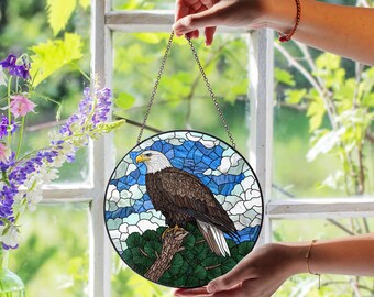 Bald Eagle Stained Glass Suncatcher, Eagle Sitting On Tree, Handmade Wildlife Window Decor, Rustic Nature Wall Art, Patriotic Gift Idea