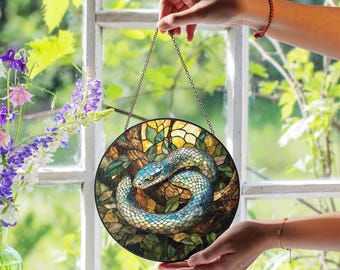Snake Stained Glass Suncatcher, Blue Pit Viper in Forest, Handmade Reptile Decor, Wildlife Window Art, Nature Lover Gift, Exotic Decor