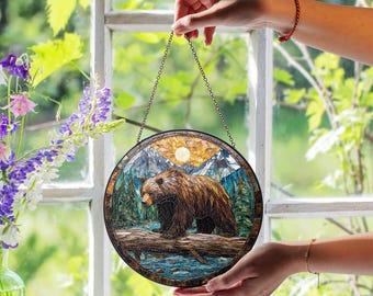 Grizzly Bear Stained Glass Suncatcher, Bear by River Scene, Rustic Wildlife Window Decor, Handmade Nature Gift, Cabin Wall Art,Forest Animal