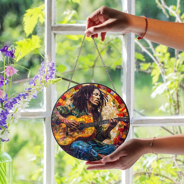 Bob Marley Stained Glass Suncatcher, Bob Marley Fan Gift, Reggae Gift, Bob Marley Art, Window Hanging, Music Decor, Suncatcher Gift